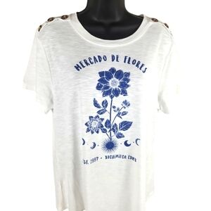 Trueselfs, Women's White Tee w/blue writing on the front of shirt and buttons!!!